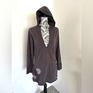 Lole Women’s Grey Embroidered V-Neck Long Hooded Sweatshirt Tunic Size M